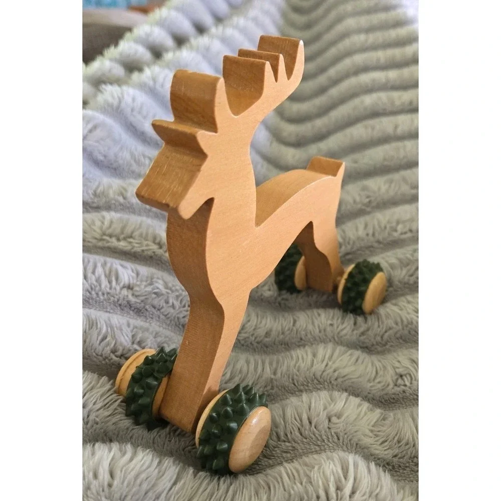 Vintage Chunky Pine Wooden Reindeer‎ Handheld Back Massager With Rolling Wheels